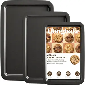 Ceramic Baking Sheet Pan Set, Cookie Sheet for Oven, Bakeware Sets with Wider Grips, 3 Pack Half/Jelly Roll/Quarter Baking Tray, Premium Dishwasher Safe Dark Grey