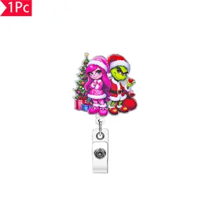 Obsessed Grinch Christmas Girl Sparkly Badge Reel, Festive Cute Cartoon ID Clip, Perfect for Holiday & Cute Style Fans, Viral Tiktok Pick