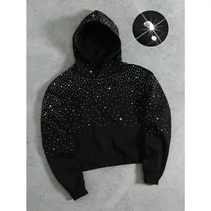 Men’s rhinestone-embellished loose-fit casual pullover hoodie sweatshirt; diamond/star/crystal rhinestones available; cropped hoodie option; great gift for your boyfriend; back-to-school black rhinestone hoodie