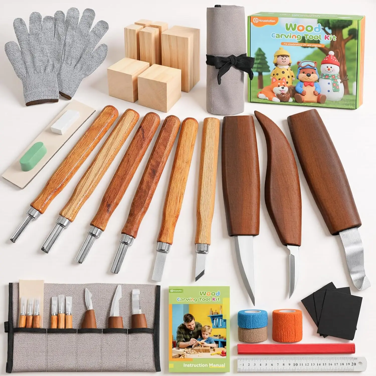 29PCS Gray Wood Carving Kit with Carrying Bag – Carving Knives, Chisels, Basswood Blocks, Gloves – Woodworking Tools for Beginners, Christmas, Thanksgiving DIY Home Projects for Friends, Family