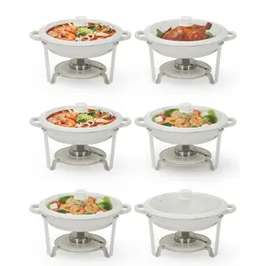 GAOMON Maifanite-Coated Chafing Dishes for Buffets, 6 Pack 5.3QT White Round Chafing Dish Set with Transparent Lids, Stainless Steel Commercial Food Warmer for Parties, Weddings, Restaurants & Catering