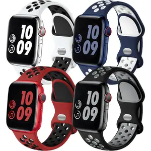 *WBA-071- ZC 4 Pack Compatible with Apple Watch Band 49mm 46mm 45mm 44mm 42mm iWatch Ultra 2 SE Series 10 9 8 7 6 5 4 3 2 1 Women Men,Breathable Sport Silicone Strap,Blue White/WhiteBlack/BlackGray/RedBlack