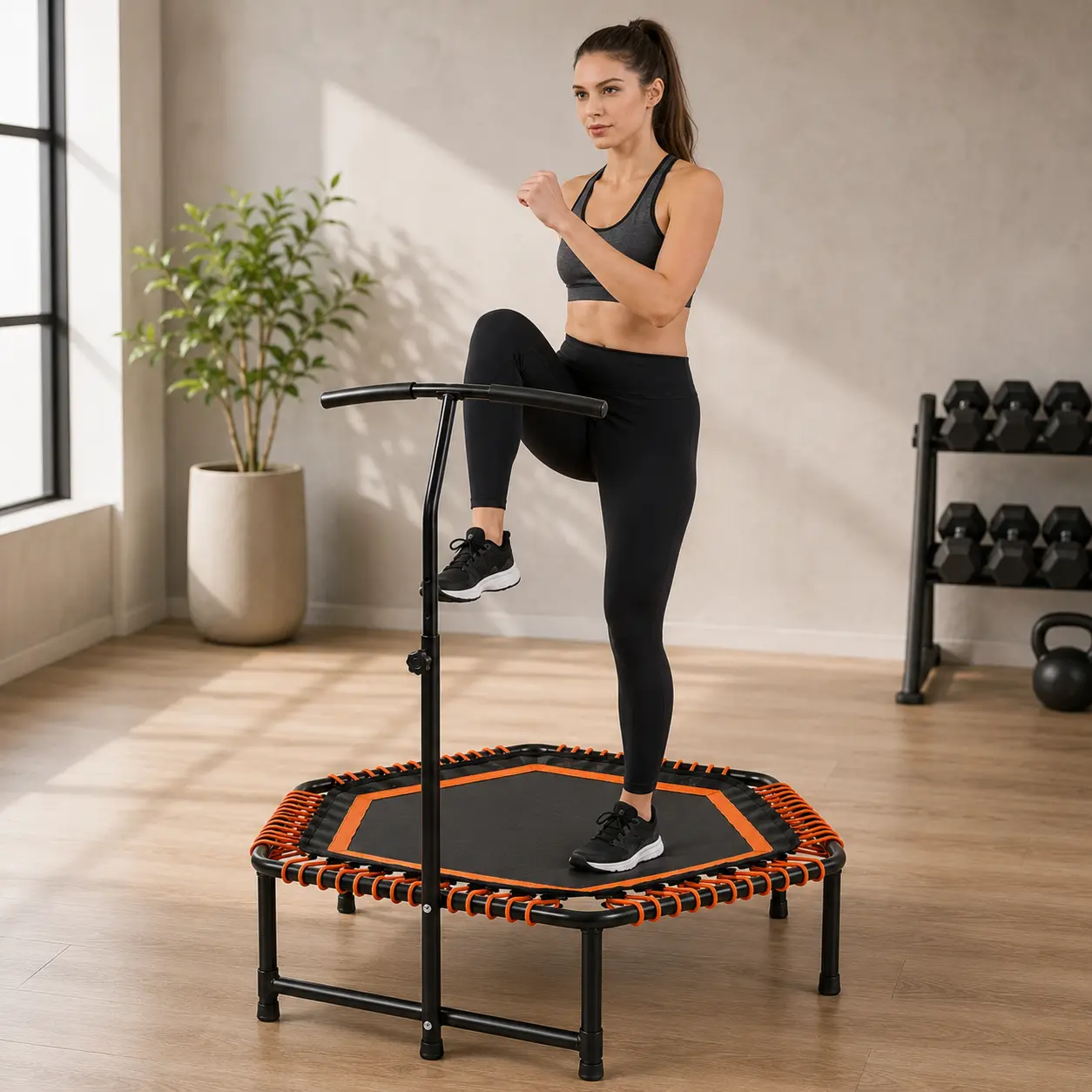 Fahuac 48-Inch Springless Trampoline - Foldable Adult Rebounder with Wear-Resistant PP Jump Pad, Height-Adjusted Handlebar, High-Density Foam Grips, Non-Slip Plastic Foot Pads, Carbon Steel Frame, 330 LBS Capacity, Quiet Rope Cardio Home Workout Equipment