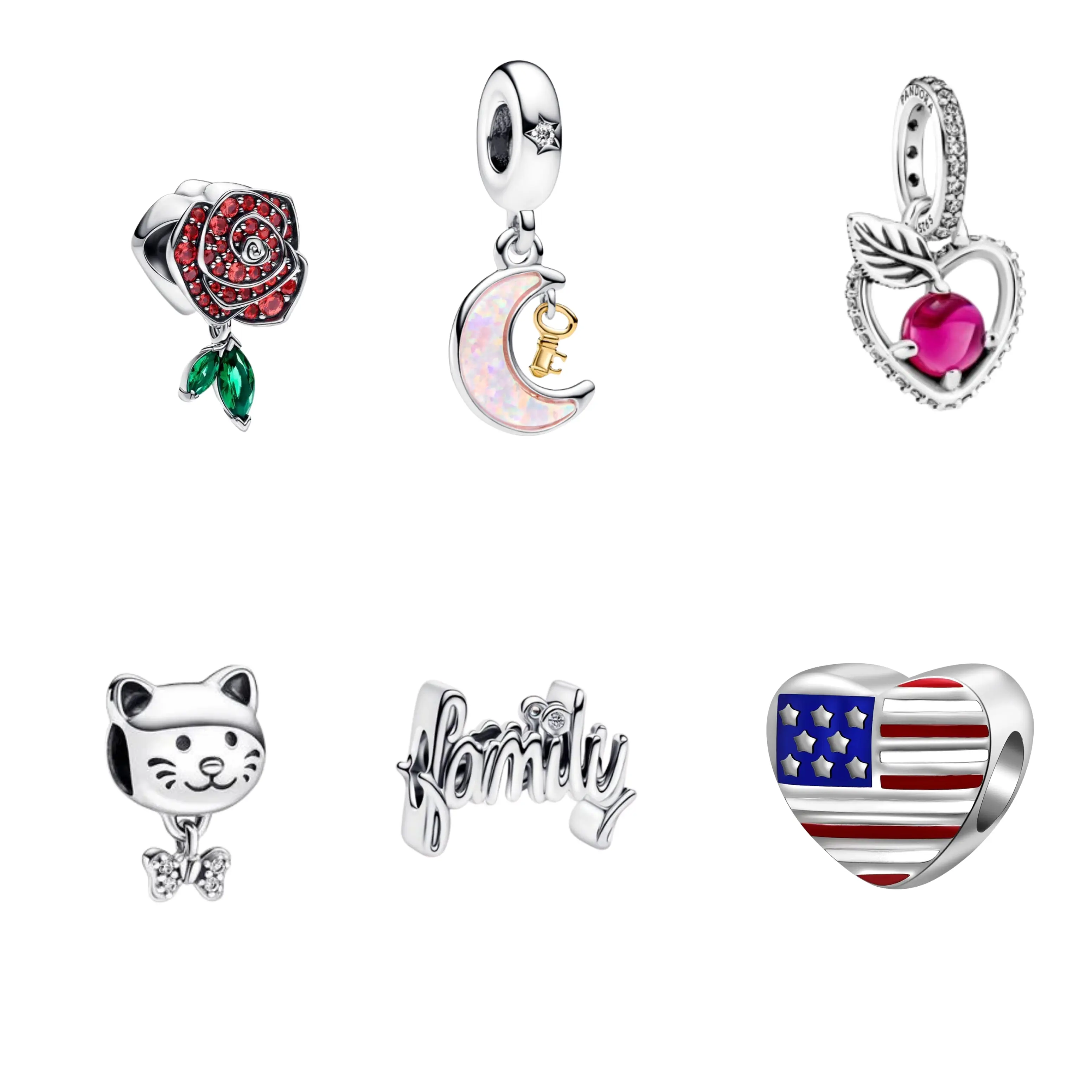 Family & Dreams Charm Collection – Moon, Cherry, Cat, Family & USA Heart Charms for Charm Bracelets