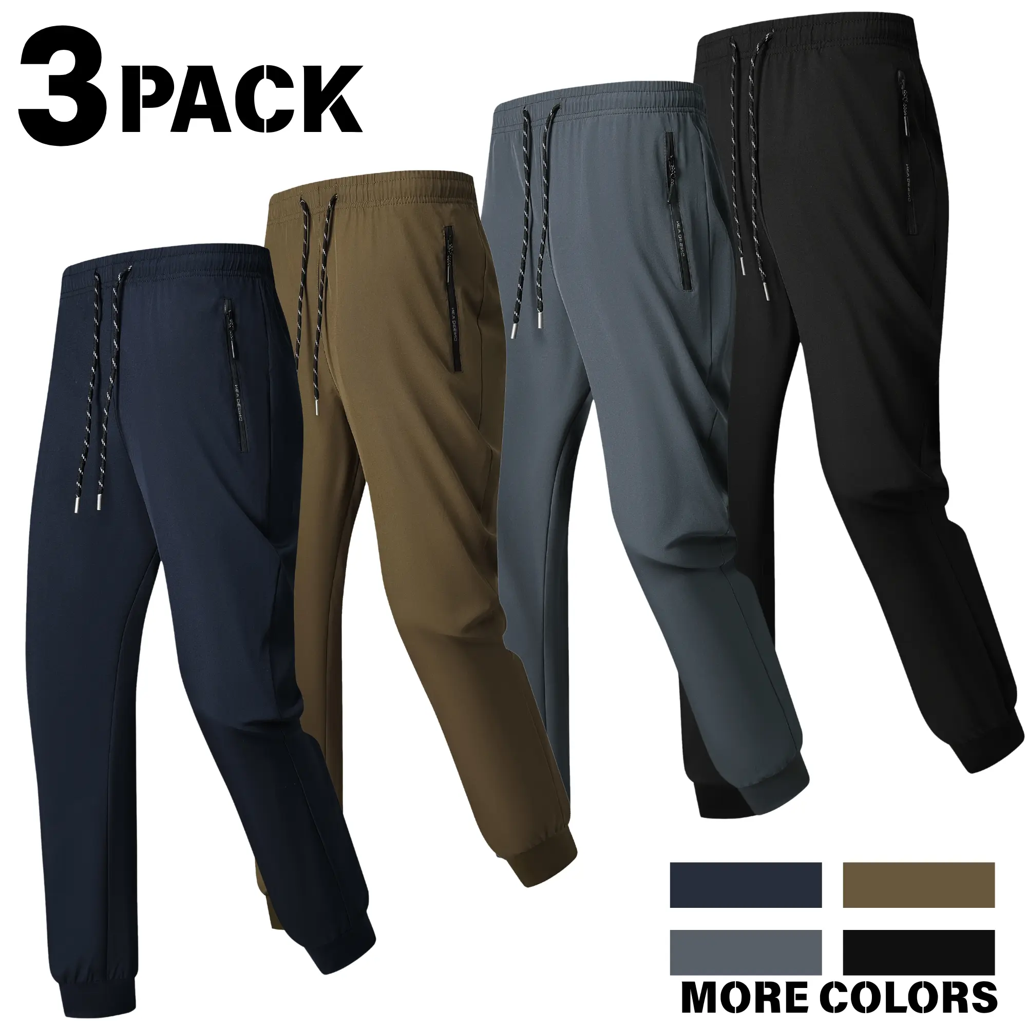 Men's 3-Pack Jogger Pants, Casual Loose-Fit Style in Quick-Dry Ice Silk Stretch Fabric with Zipper Pockets for Fitness & Leisure