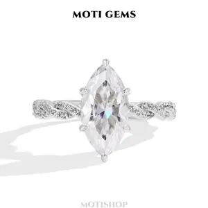 MOTI GEMS Gorgeous 3CT Marquise Shape Hidden Halo D Color VVS1 Synthetic Moissanite Lab-Created Ring Twist Design Band Stackable for Women Hypoallergenic Engagement Promise Anniversary Party Gift Fine Jewelry SpringStatements