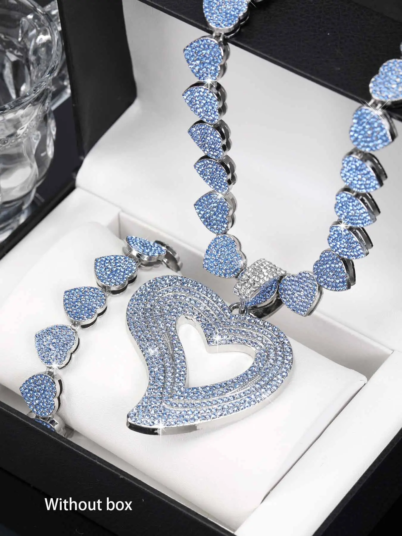 Women Heart-Shaped Pendant Necklace & Bracelet Matching Jewelry Set, Fashion Trendy Blue Tennis Chain Design, Ideal Gift for Women, Necklaces Set, Fashionable Jewelry Set, Jewellery Gift Set