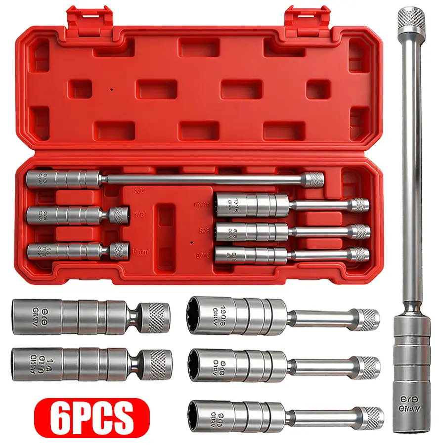 6PCS 3/8-Inch Drive Magnetic Swivel Spark Plug Socket Set, Thin Wall, Include 9/16-Inch, 5/8-Inch, 13/16-Inch, 14mm， Socket, Length: 4-Inch, 6-Inch, 8-Inch, CR-V