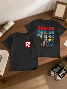 Boys Roblox Double-Sided Print T-Shirt, Stacked Logo & Character Graphic, Short Sleeve Gamer Tee, Sporty Style, Fitted, Cartoon Pattern, Funny Graphic Tee