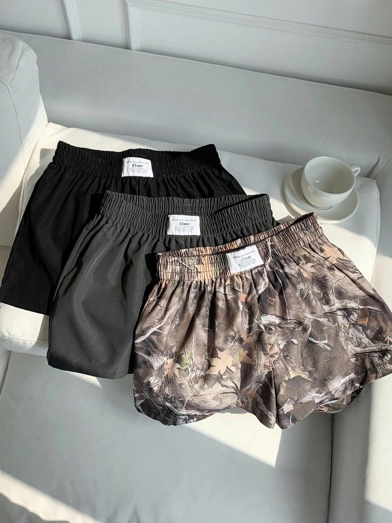 Women's Summer 3-Piece Set Of Solid Color And Branch Print Shorts, Suitable For Daily Wear, Simple And Versatile,Comfy Shorts