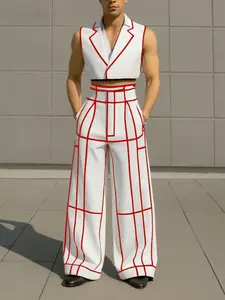 INCERUN Men Sets Patchwork Lapel Sleeveless Crop Vests & Wide Leg Pants Two Pieces Sets Fashion Casual Men's Suits Streetwear Clothes