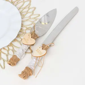 Wedding Cake Knife and Server Set Stainless Steel with Natural Rustic Jute Lace - Gift-Ready in White Box with Heart Tags