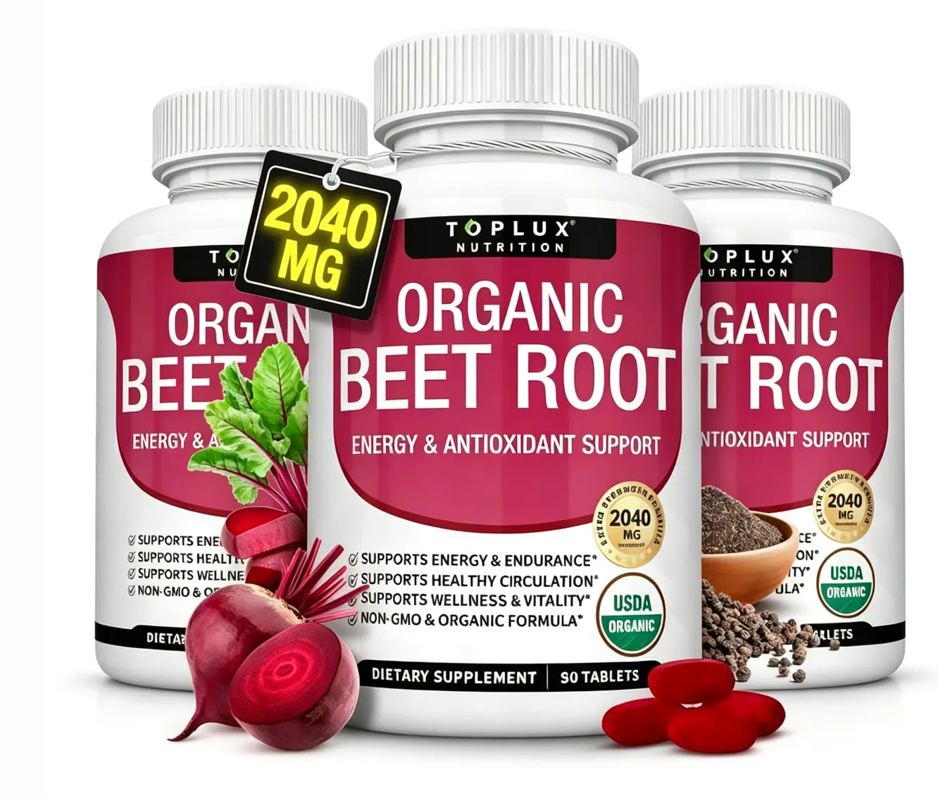 Exclusive Toplux Organic Beet Root Tablets, High Strength 2040mg Nitric Oxide Booster Supplement, Supports Healthy Blood Flow, Heart Health & Workout Endurance, Natural Beetroot Extract Pills Healthcare & Dietary Natural -90 Tablets