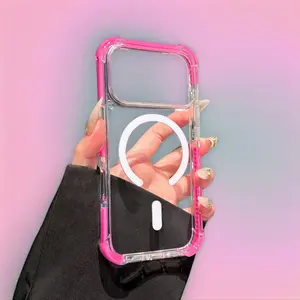 IP17ProMax Phone Case with Four Corners Anti-Fall Protection Magnetic Suction Cream Border Silicone Case for IP17ProMax Pink Border Clear Back Protective Screen Protector Cellphone