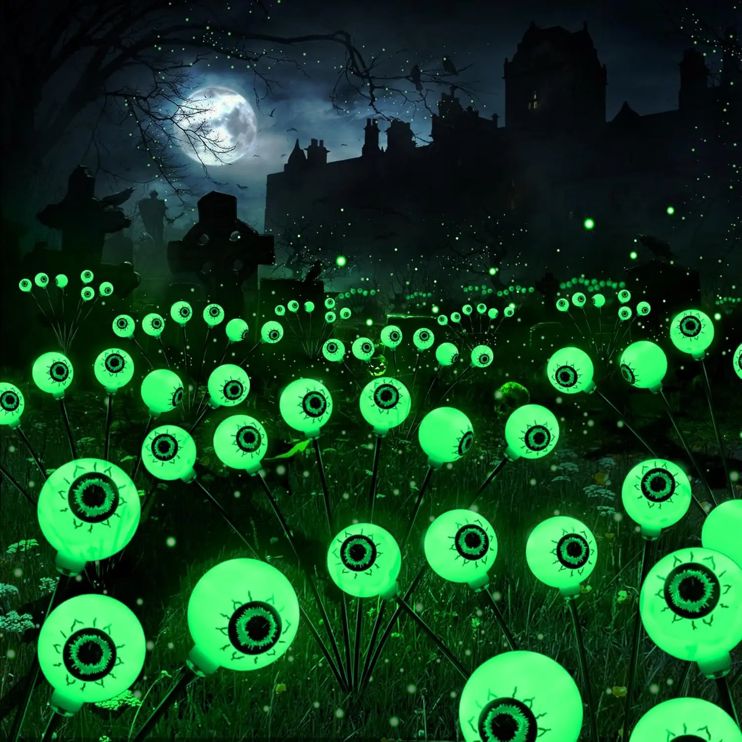 BrizLabs Solar Halloween Lights, 2 Pack 12 LED 2 Modes Halloween Eyeball Lights, Outdoor Pathway Light, Swaying Eye Firefly Walkway Lighting, Green Solar Lighting for Path Yard Garden Lawn,dorm essentials,home decor,home essentials,camping essentials