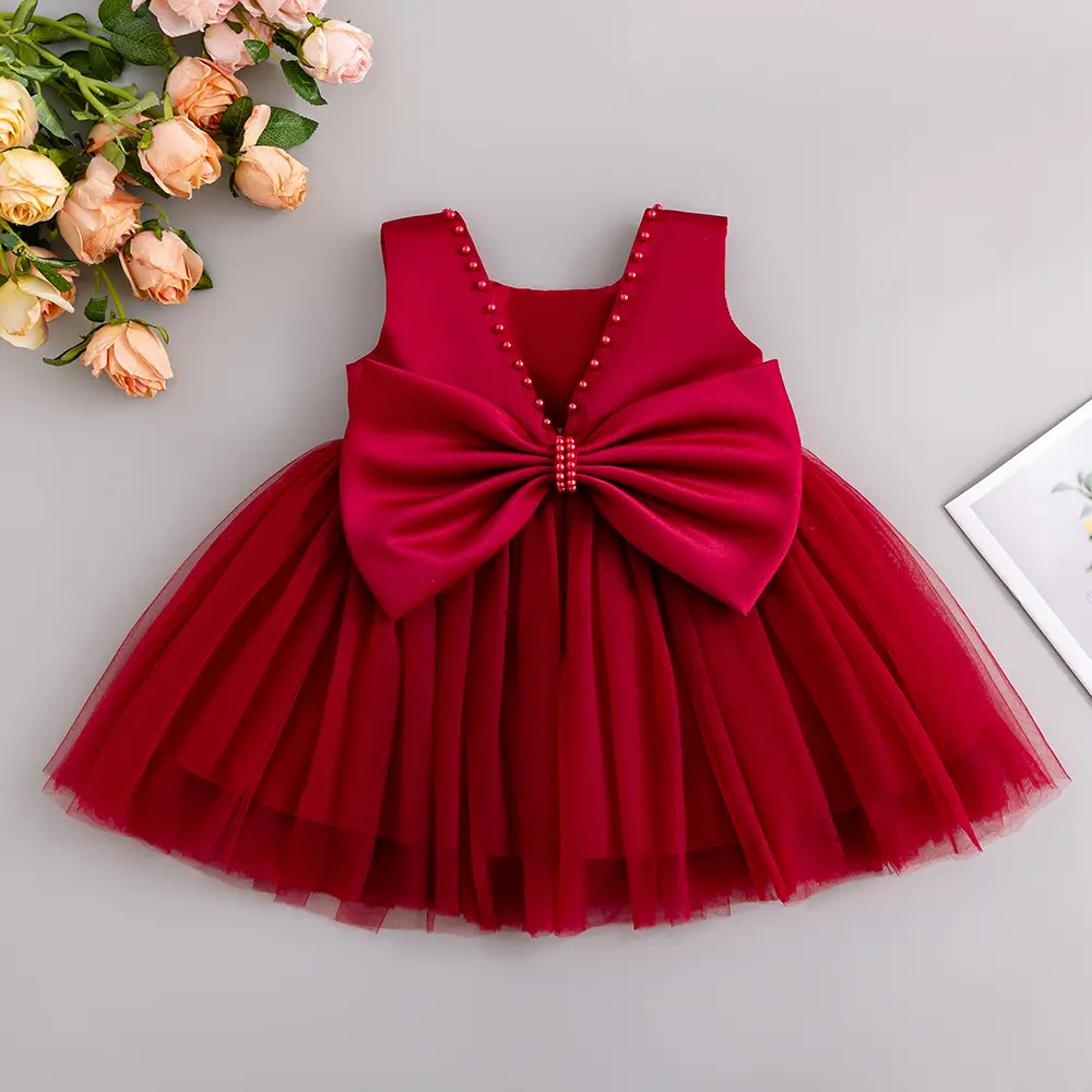 Infant Baby Girls Wedding Flower Girl Dress Pearls Tulle Tutu Dress Bowknot V Back Pageant Party Birthday Formal Gown Newborn baby Halloween Christmas costume Toddler Outfit Dress Poof Floral Print Dress