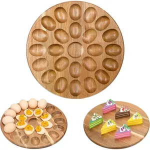 Reversible  Deviled Egg Platter and Charcuterie Board Thicken Tray Countertop Refrigerator Chicken Egg Containers Carrier for Easter Christmas(Acacia )
