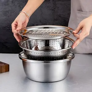 3 Pcs Stainless Steel Kitchen Tool Set with All-in-One Knife Sharpener, Multi-Function Colander & Mixing Bowl, Ideal for Washing, Slicing Fruits, Vegetables & Cheese, Builtin Drain System, Food-Grade Safe, Perfect for Home Cooking, Kitchen Strainer Set