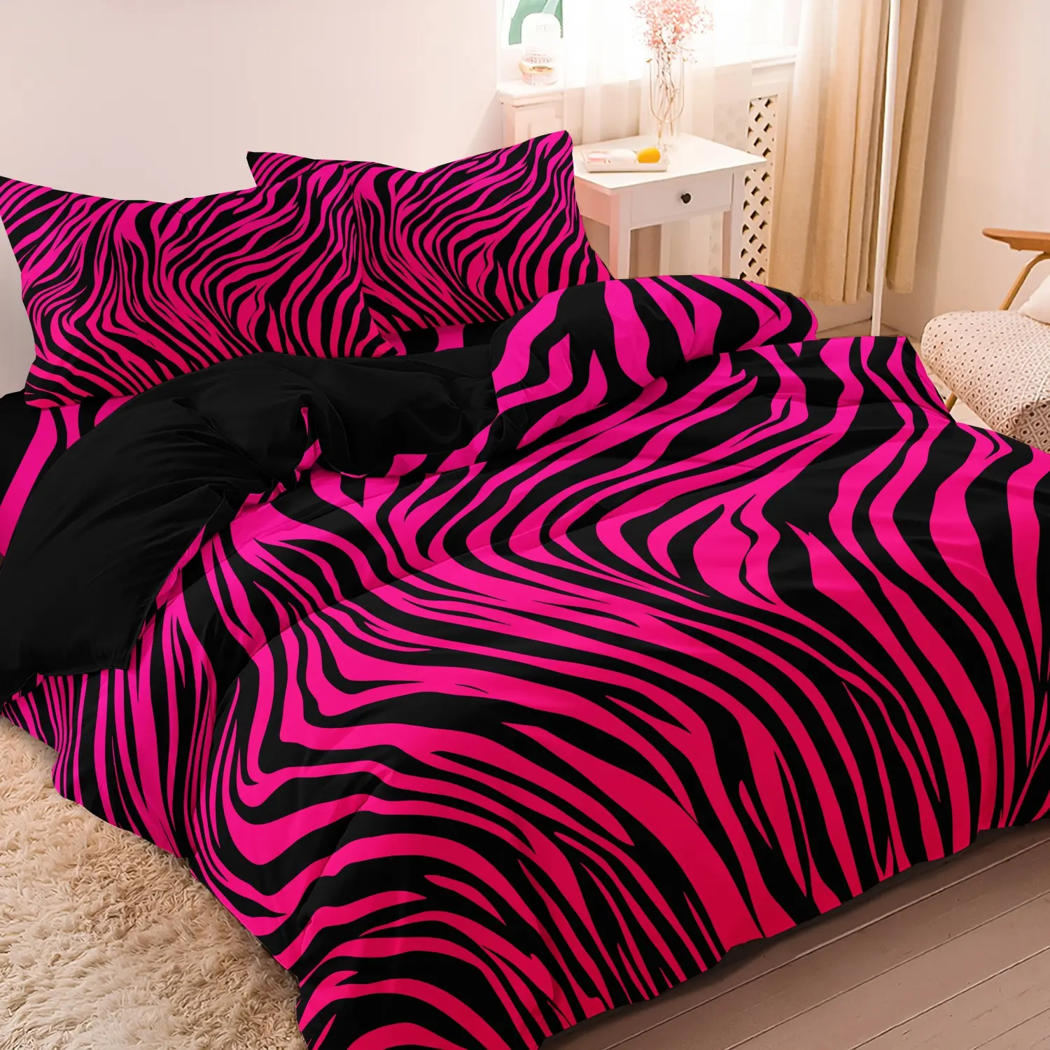 3pcs Bedding Set,Rose Red Zebra Print Leopard Print Digital Print Duvet Cover Set,Includes 1 Duvet Cover And 2 Pillowcases,Digital Print,Using A Family Hotel Dormitory,Decorative Bedding Set,Printed Bedding Set