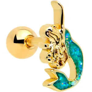 16G 1/4 Green Faux Opal Gold Hue Curvy Mermaid Cartilage Tragus