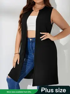 【Plus Size】 Solid Color Open Front Waistcoat, Plain Color Waistcoat, Casual Sleeveless Longline Outerwear for Spring & Fall, Women's Clothes for Daily Wear, Shrug Vest