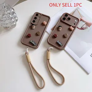 Suitable for Redmi K series POCO series K60/K60pro/K70pro/K80pro/POCO F5pro/X6pro/M6pro/X5pro/C55/C65/M6pro/M8/X7 pro/X8 prom， Brown 3D cute powder blusher bear biscuit decoration+woven lanyard phone case, equipped with detachable lanyard