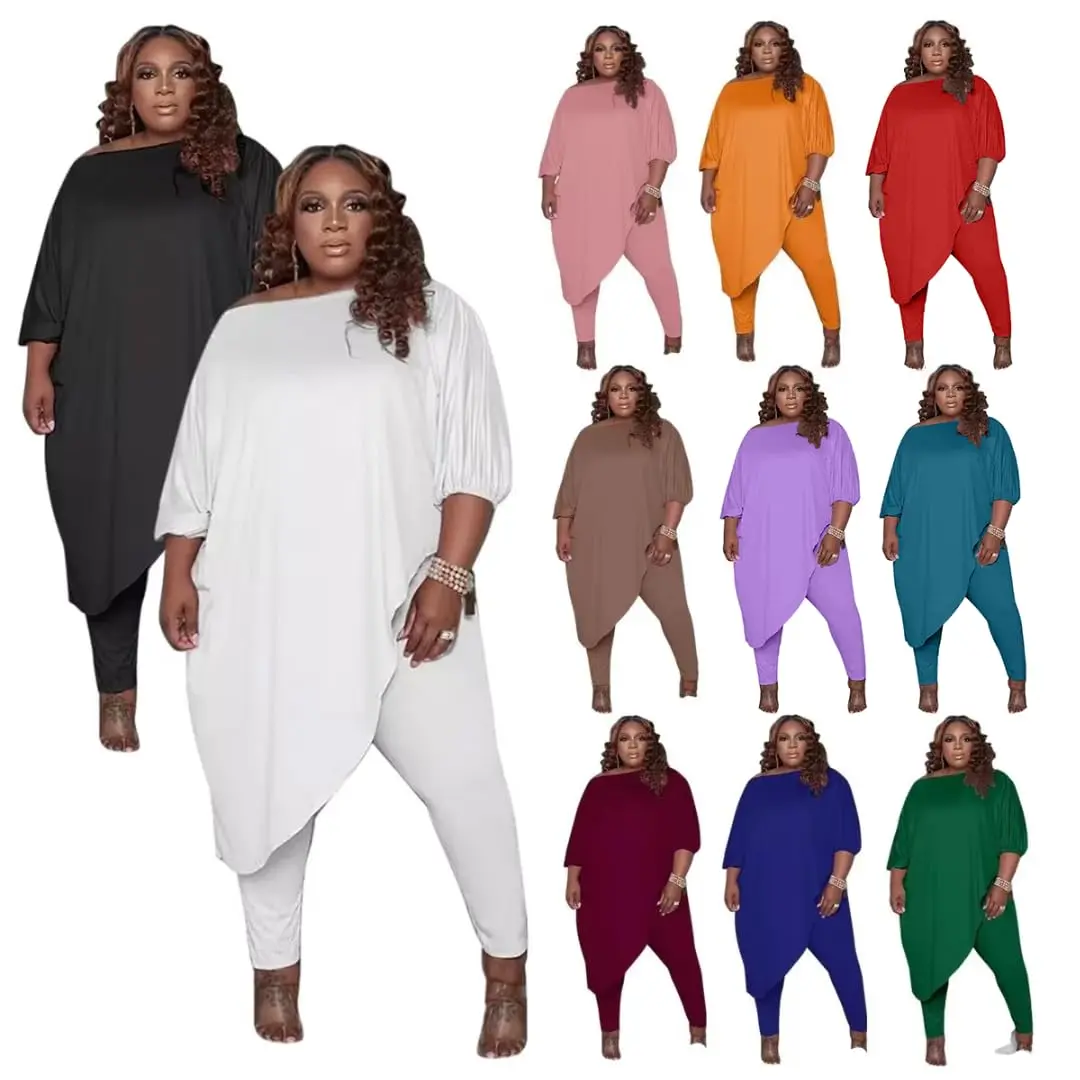 Women's Plus Size Casual 2-Piece Matching Clothing Set, Longsleeves Slant-Shoulder Asymmetric Fitted Basic Lounge Sweatsuit with Leisure Track Pants