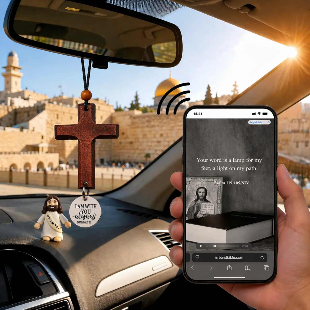 Daily Bible Verse Rearview Mirror Cross Ornament – Daily Scripture Car Charm Hanging Cross for Car with “I Am with You Always” Medallion，Cross for Car Mirror Hanging Christian Gifts for Men, Women - Scan Phone for Daily Bible Verse Car Decoration Automoti
