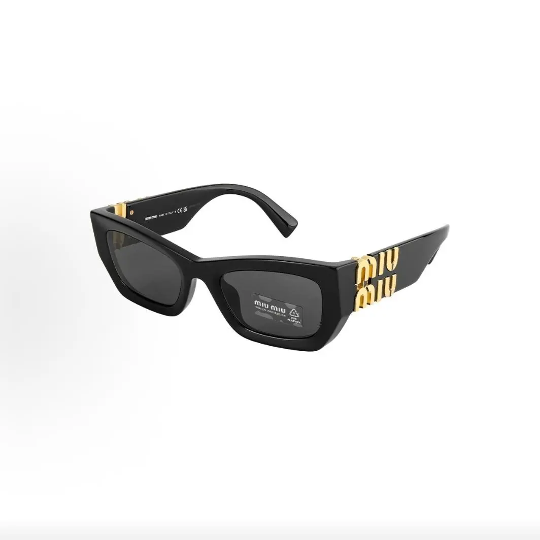 Pre-owned Brand new Miu Miu MU 09WS (SMU09W) Rectangular Cat Eye Acetate Sunglasses, Black Frame Dark Grey Lens (Style Code: 1AB5S0)