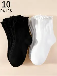 Women's 10 Pairs Solid Color Basic Lettuce Trim Frill Crew Fitted Socks, Fashionable Simple Comfy Breathable Socks for Daily Outdoor Wear, Multipack Knit Socks for All Seasons