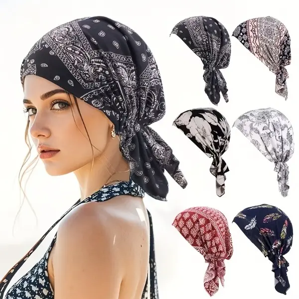Bohemian Style Brimless Hat & Floral Print Scarf Set for Women, Casual Breathable Headwear for Travel, Gift Option, Matching Headscarf, Travel & Daily, All Seasons, Allover Print, Head Scarf Turbans