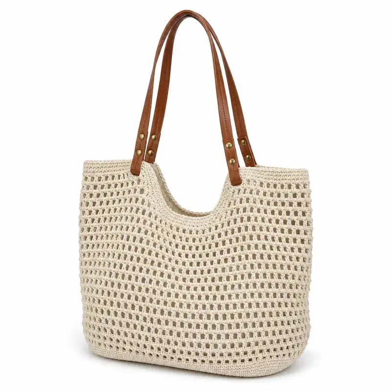 Women's Crochet Tote Bag - Faux Leather Handles, Lightweight Crocheted Mesh Knit Texture Shoulder Purse, Boho Beach Trip Essential, Collectible Bag for Travel, Shopping, Small & Large Sizes