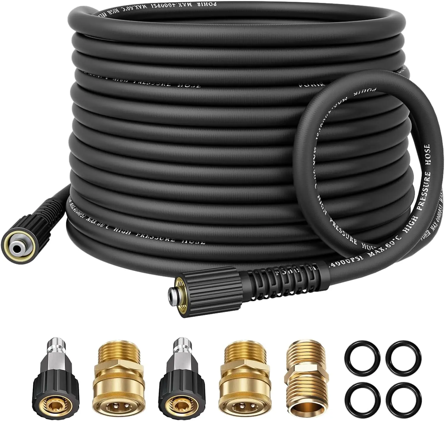 Summervibes POHIR Pressure Washer Hose 50FT*1/4 with Quick Connect, Reduced Kinking 4000 PSI MAX Power Washer Hose M22 14/15mm Thread Compatible, Flexible Extension Hose for Heavy Duty Cleaning Jobs Multifunctional