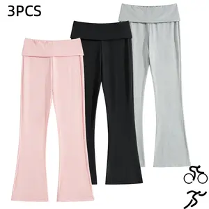 Multi-pack women’s flared pants featuring a fold at the wide waistband and stretch fabric; suitable for yoga, sports, everyday casual wear, and commuting outfits.