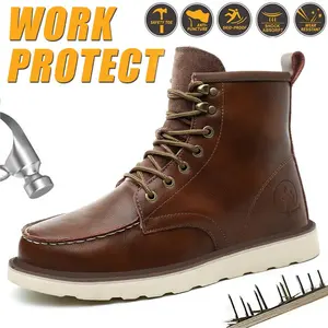 Men's Workwear - style Steel - toe Sports Non - slip Work Shoes, High - top Leather Safety Boots, with Anti - smashing, Anti - piercing, Shock - absorbing and Wear - resistant Properties. Footwear, Fathersday Gift. Classic Boy Closed，Summer vibes