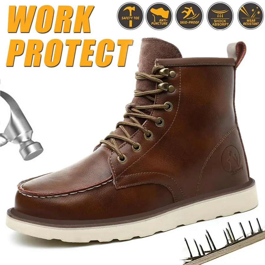 Men’s workwear-style steel toe non-slip athletic safety shoes, high-top leather safety work boots, featuring anti-smashing, anti-penetration and shock absorption performance. Footwear, Fathersday Gift. Classic Boy Closed，Summer vibes