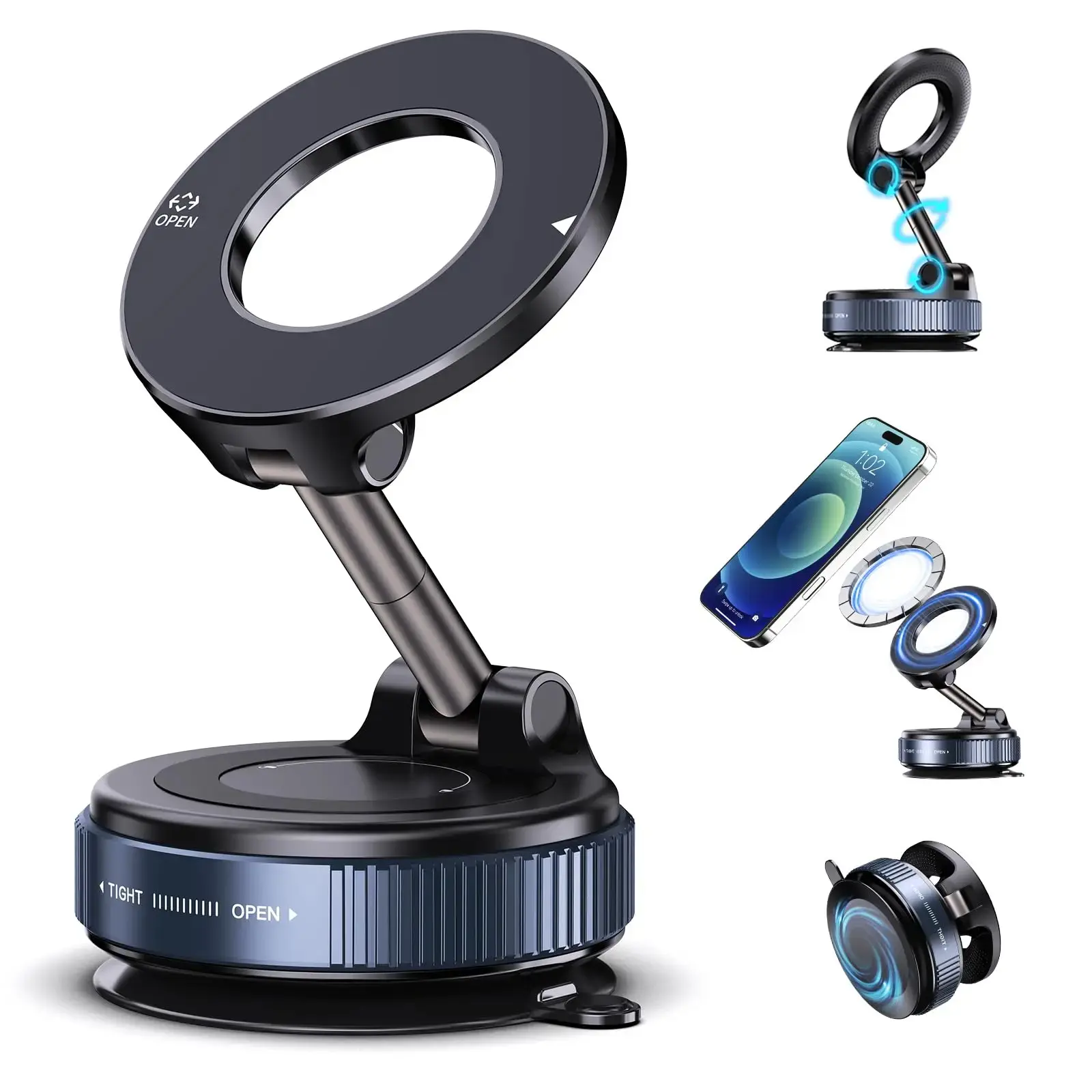 Upgraded Magnetic Phone Holder for Car, Vacuum Adsorption, Rotatable Foldable Bracket, Power-Free, Noise-Free for iOS and Android Phones