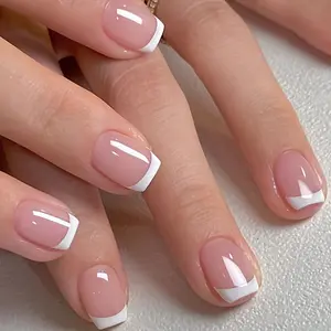 24Pcs DIY Glossy Short Coffin Press On Nails, Pink & White Reusable False Nails