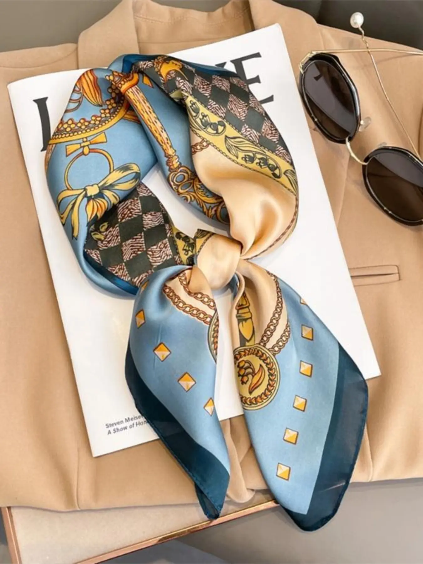 Women's Fashion Casual Soft Boho Style Scarf (70x70 CM), New Silk Satin Square Scarf, Checkered Scarf, Summer Scarf, Boho Shawl Wrap, Elegant Accessory for Ladies, Perfect for All Seasons, Fashion Shawl