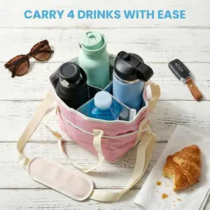 Family Size 4 Compartment Drink Bag, Multiple Tumbler Carrier Caddy Drinkware Insulated Sturdy Bottle
