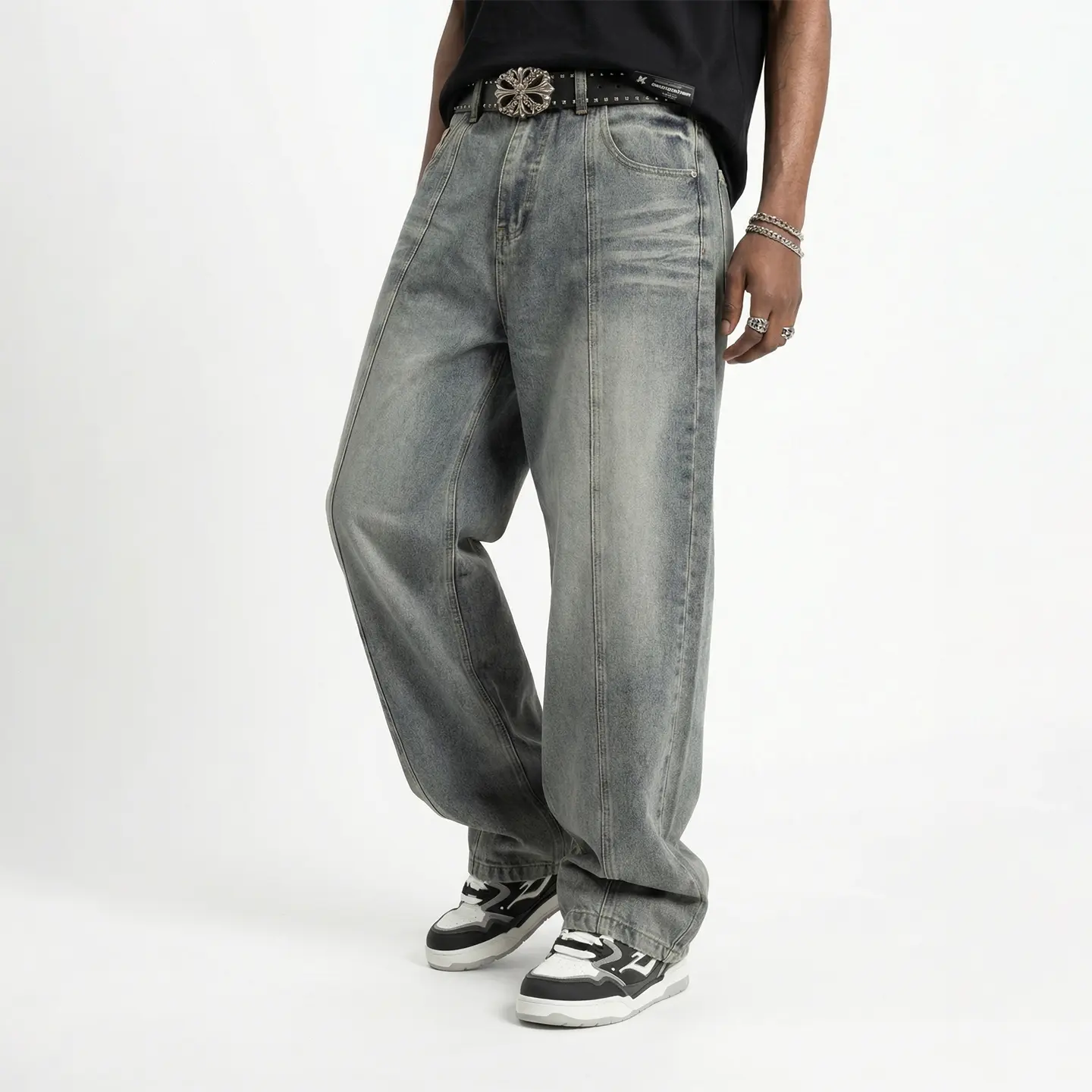 Inflation washed vintage deconstructed wide-leg bent-hem jeans, All Seasons, Casual  Pants, Trouser, Menswear, Denim, Loose, Stylish
