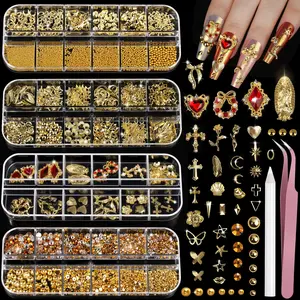 Gold Nail Charms Set – 4 Boxes of Nail Gems, Pearls, 3D Cross & Heart Charms with Tools, Nail Rhinestones Kit for DIY Nail Art Designs