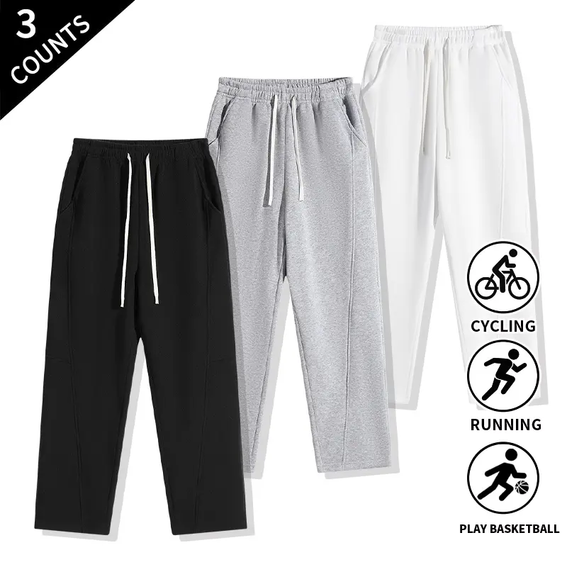 3-Pack Men’s Baggy Straight-Leg Sweatpants, Elastic Drawstring Waist Loose-Fit Athletic Pants with Pockets, Multiple Colors for Streetwear & Daily Workouts