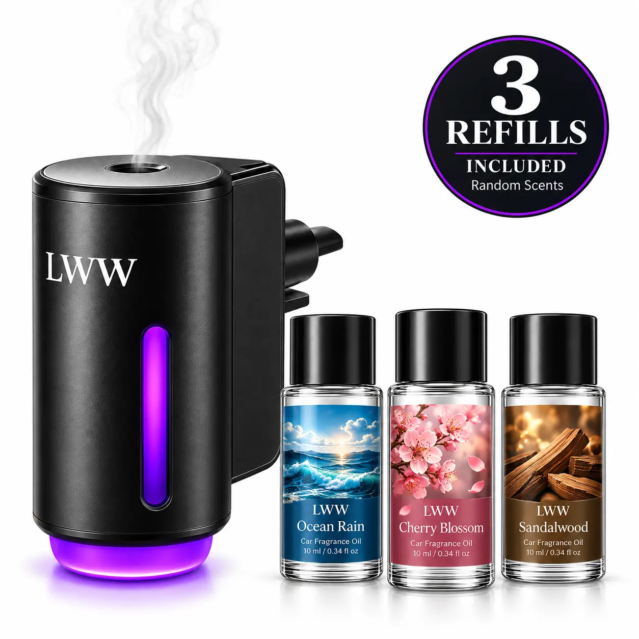 LWW Smart Car Air Freshener Diffuser Set, 3 Adjustable Scent Levels, USB Rechargeable Vent Clip Diffuser with 3 x 10mL Fragrance Refills