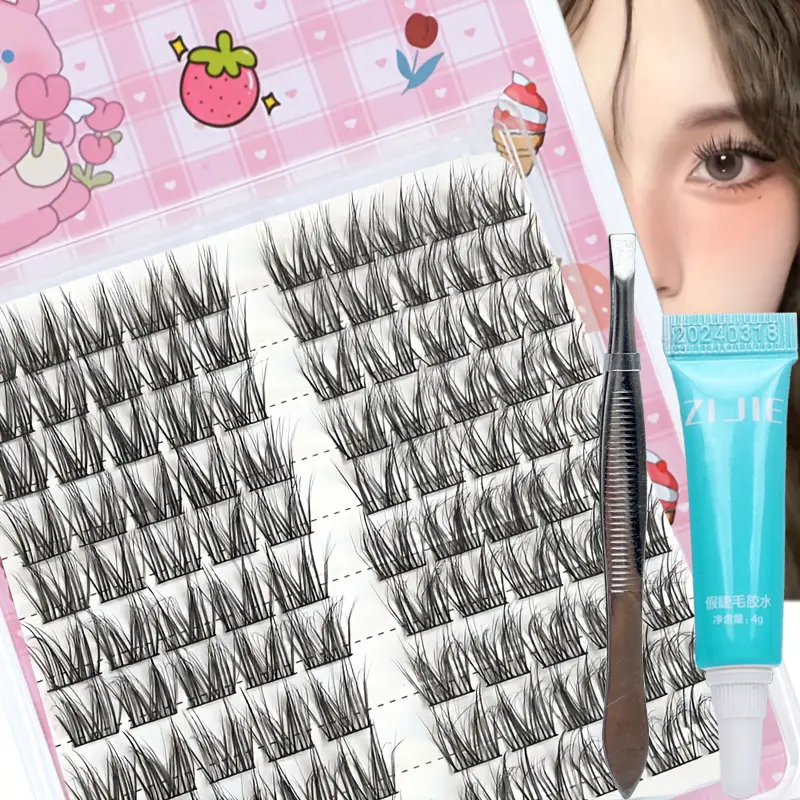 100 pieces of fluffy, voluminous faux mink eyelash clusters + eyelash glue + dedicated eyelash clamp - DIY segmented extension, suitable for beginners, reusable natural to bold single eyelash makeup Cosmetic DIY Eyelash Extensions