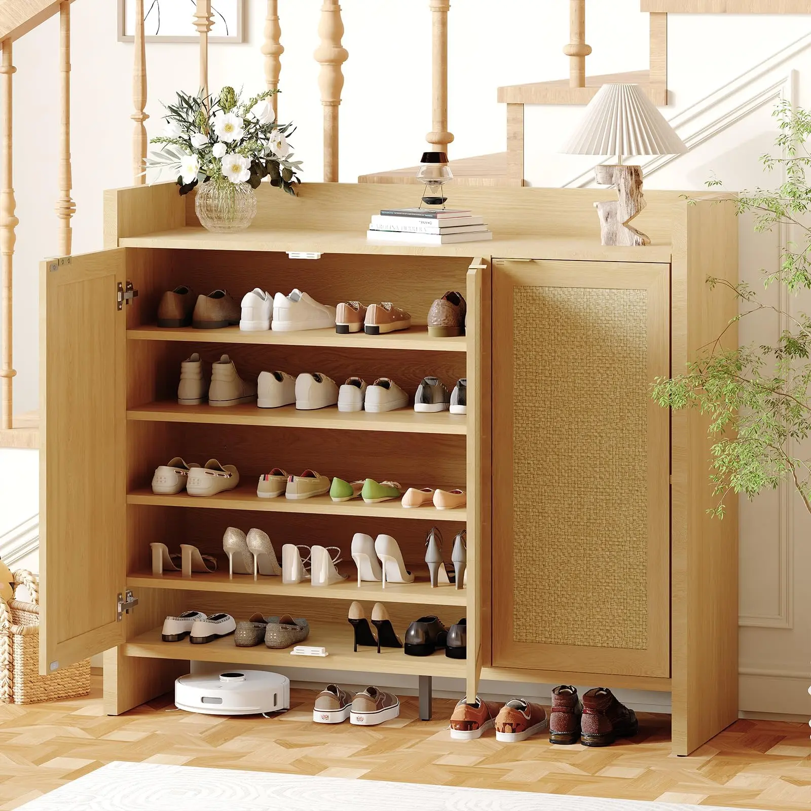 Garvee 47in Sturdy Freestanding 5-Layer Wooden Boho Rattan Door Shoe Storage Cabinet - Farmhouse Minimalist Organizer with Adjustable Shelves for Hallway, Bedroom