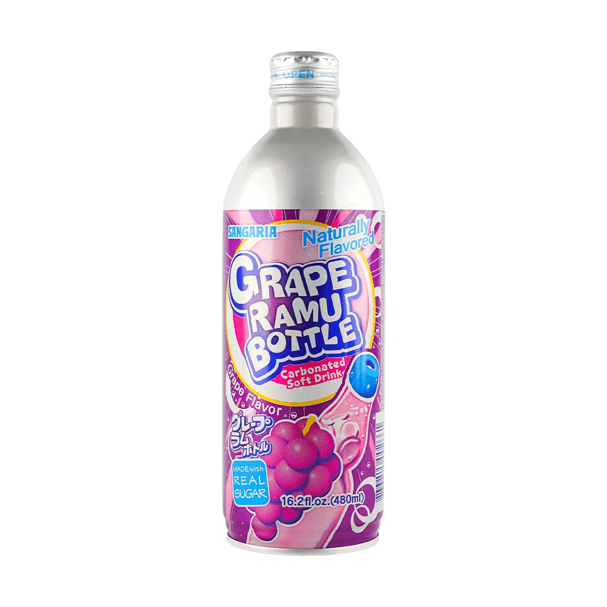 SANGARIA Japanese Soda Ramune Grape Flavor 480ml - Refreshing Carbonated Drink