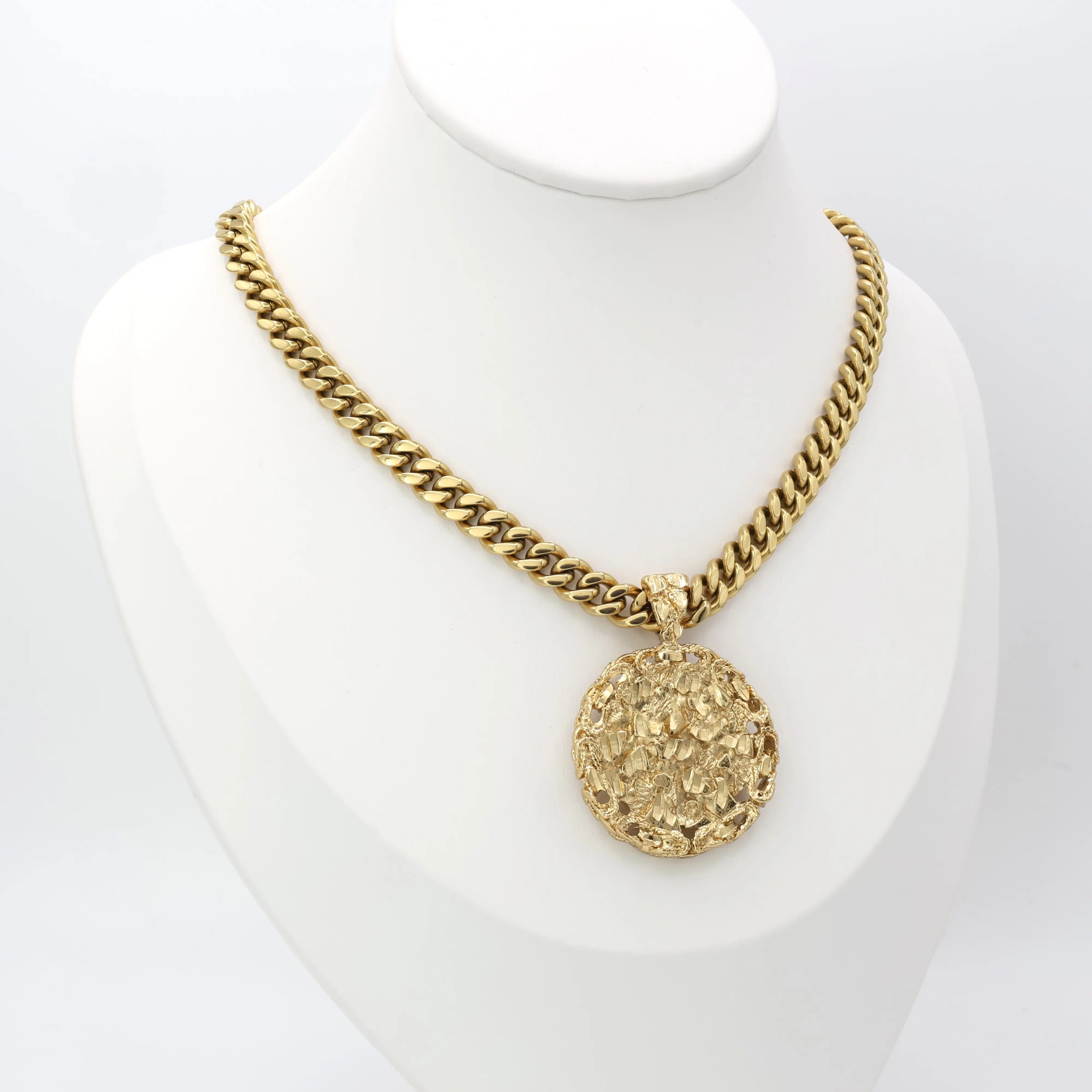 Gold Nugget Necklace for Men 33mm Round Pendant 14k Heavy Plated Gold 7mm Curb Chain Lifetime Guarantee Mens Jewelry