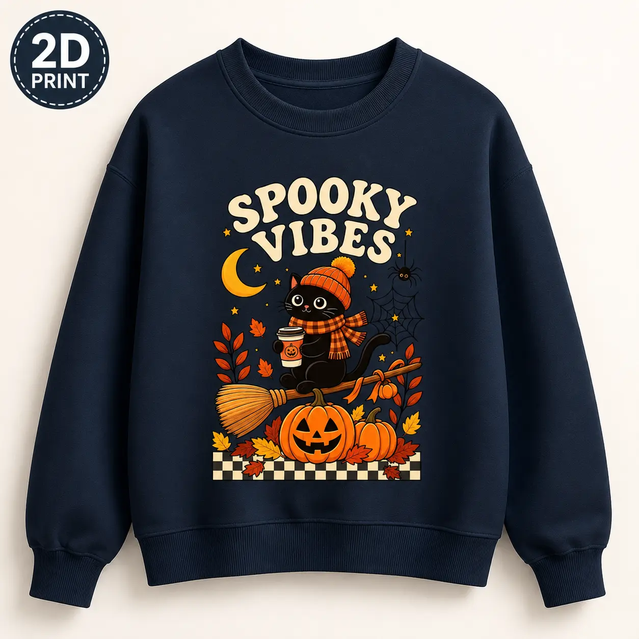 Spooky Vibes Halloween Black Cat Sweatshirt for Women, Pumpkin Moon 2D Front Graphic Crewneck Pullover, 60% Cotton 40% Polyester 300g Loose Fit Long Sleeve Top, Cozy Fall Casual Outfit, Cat Lover Halloween Gift Idea