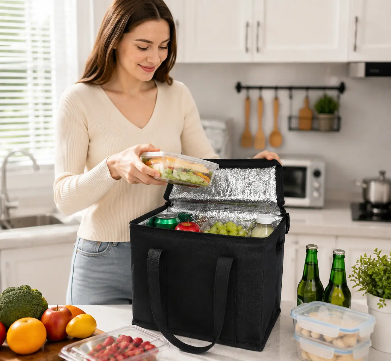 Reusable Oxford Fabric Insulated Grocery Shopping Bag with Zipper - Large Waterproof Cooler Tote for Daily Use, Frozen Food Storage